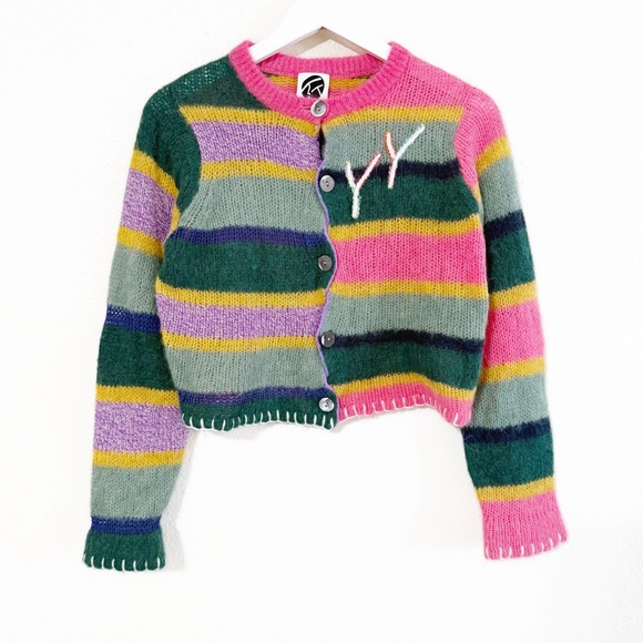 Yanyan Knits Alpaca Stripe Logo Multicolored Button Cardigan Sweater size small - Picture 8 of 15